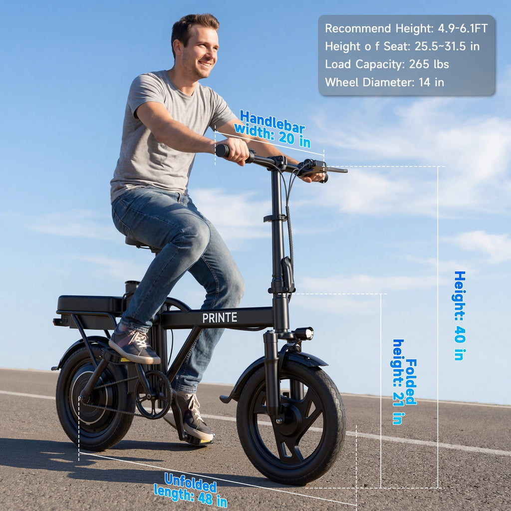 PRINTE N14PRO Electric Bike Black 500W 48V, 14' Mini Ebike for City Commuter for Adult with Two Seats UL2849