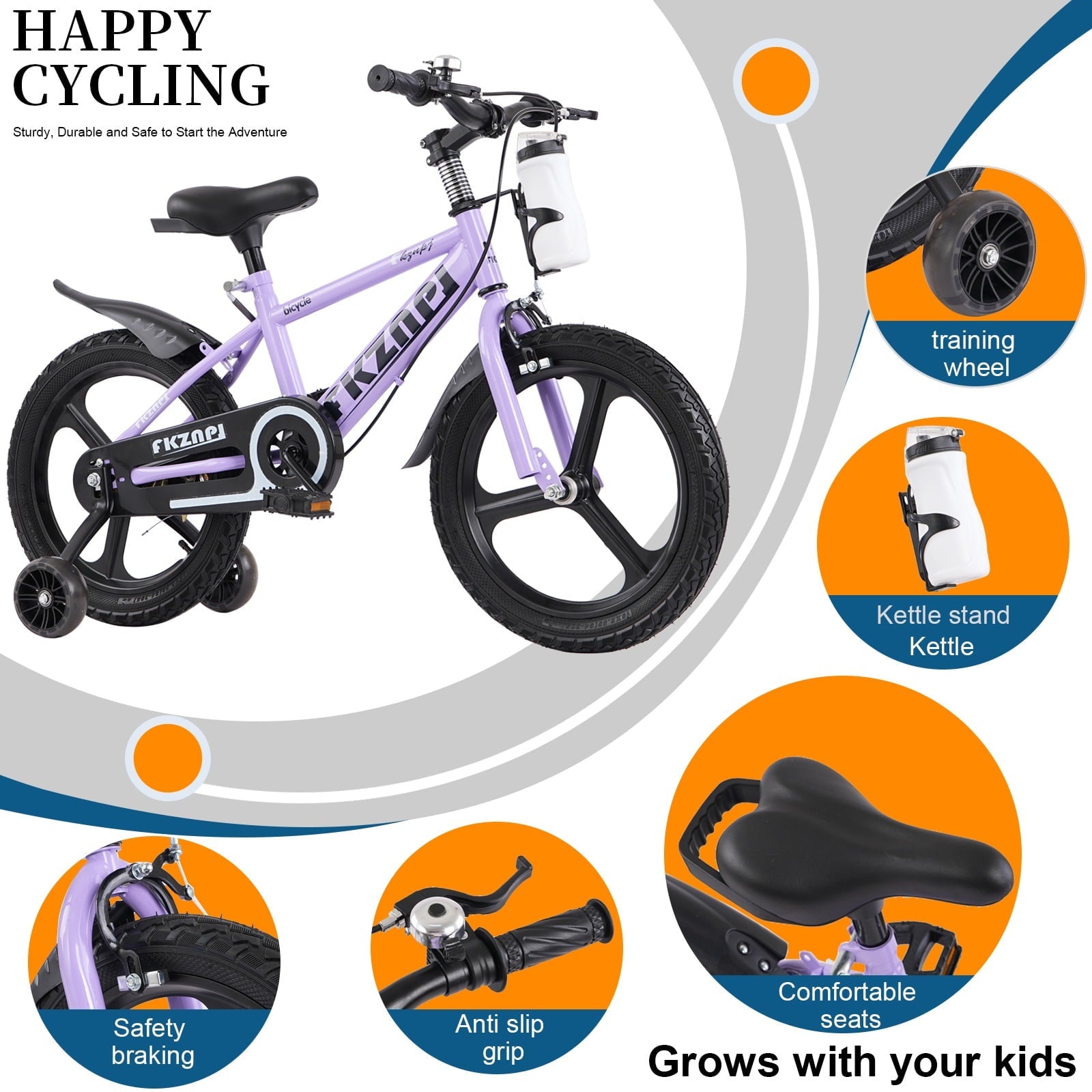 Holaki 18 inch Kids Bike with Training Wheels & Handbrake for Boys & Girls Ages 5-9, High Carbon Steel Frame Adjustable Seat Kids Bicycle with Kettle Stand & Night Glow for Birthday Gift, Purple