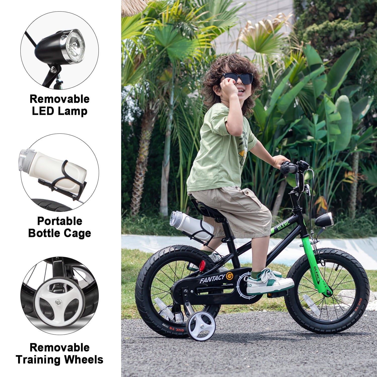 Glerc 14 inch Kids Bike for Child 3-5 Year old Boys Girls with Water Bottle Holder & Headlight & Training Wheels, Black