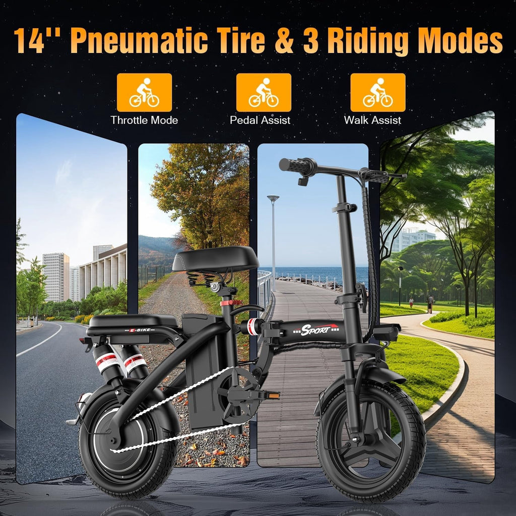 Pikabike Foldable Electric Bike for Adults, 14 E-Bike, 48V 10Ah Removable Battery, 1200W Peak Motor, UL 2849 Certified, 45 Miles Range