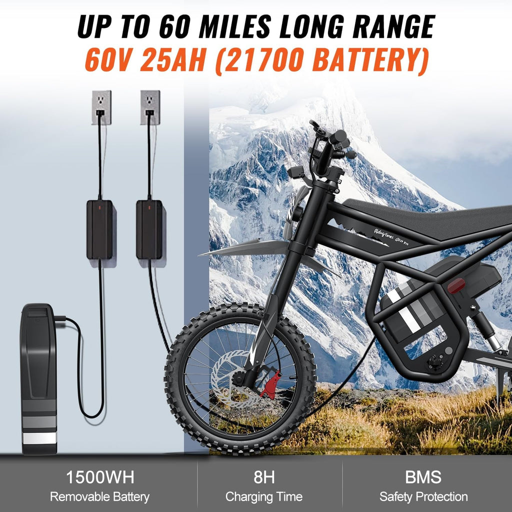 Riding'times GT54 PRO Electric Dirt Bike for Teens Adults,60V 25AH 40MPH Ebike with 14/12 Motorcycle Tire,3000W Dual Hydraulic Brakes Mountain Off-Road Dirtbike