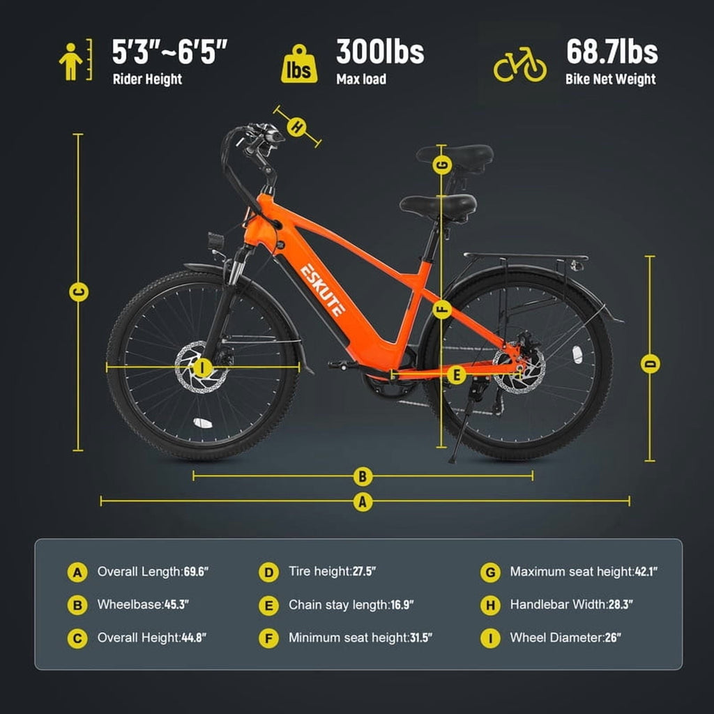 ESKUTE C200 70-Mile Electric Bike for Adults with 840Wh Removable Battery, 1300W Peak Power Ebike, Up to 28MPH Speed, 26 Tires, 7-Speed Adjustable Stem Step-Over E-Bicycle,Orange, UL2849