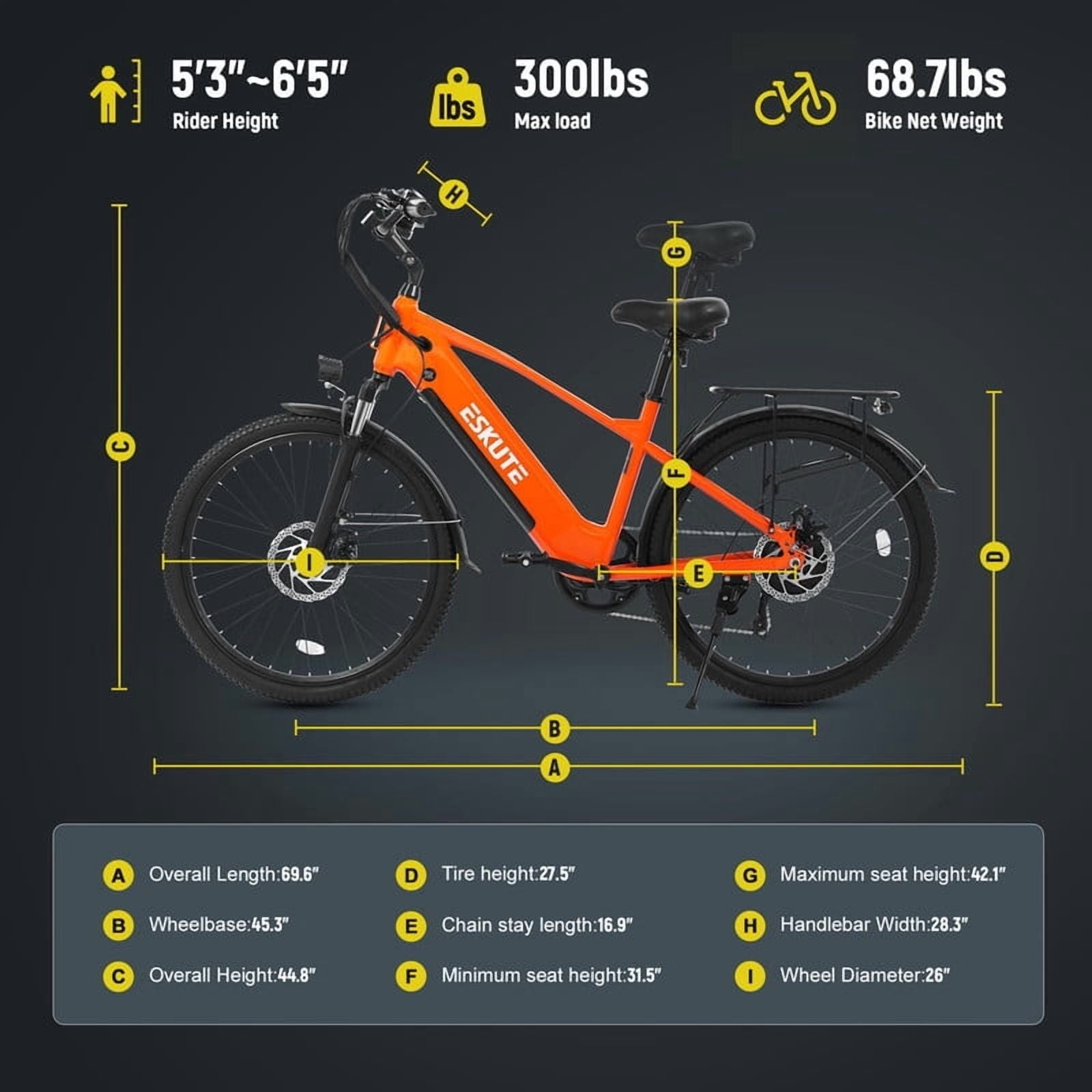 ESKUTE C200 70-Mile Electric Bike for Adults with 840Wh Removable Battery, 1300W Peak Power Ebike, Up to 28MPH Speed, 26 Tires, 7-Speed Adjustable Stem Step-Over E-Bicycle,Orange, UL2849