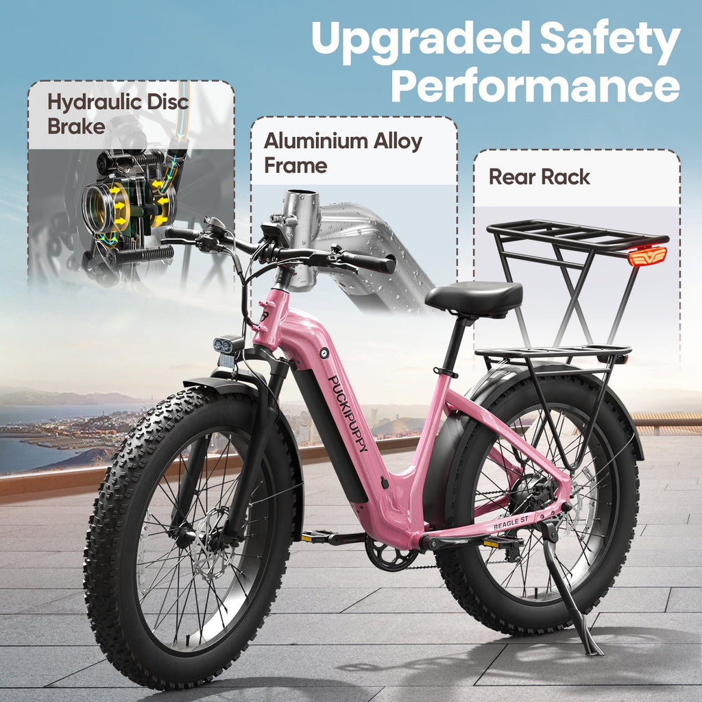 PUCKIPUPPY 960W Peak Electric Bike for Adults Step Through E-Bike 28mph Max Speed 60Miles Range 26 Fat Tire Electric Mountain Bike 48V 15AH Battery 7 Speed off-Road Ebike, Comply with UL2849 By SGS