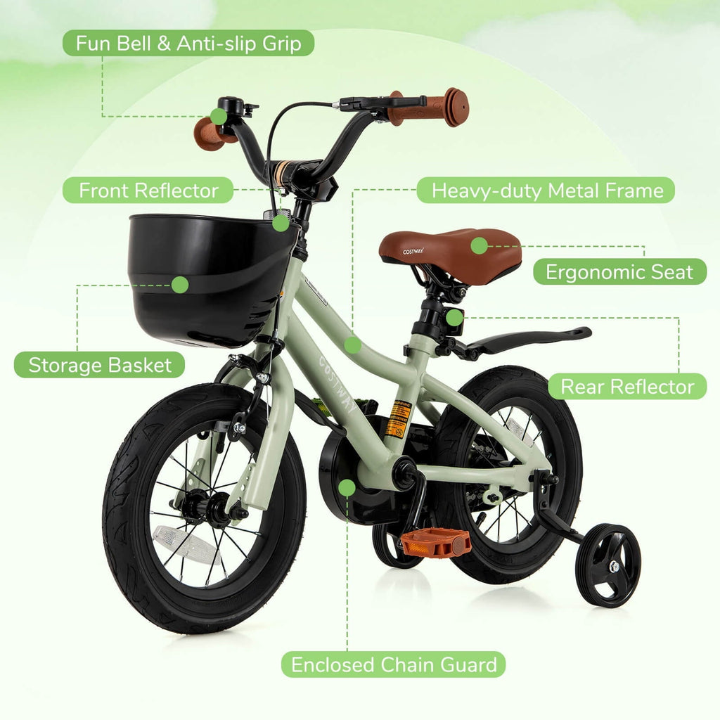 Costway 12 Kid's Bike with Training Wheels Adjustable Handlebar & Seat Handbrake Green