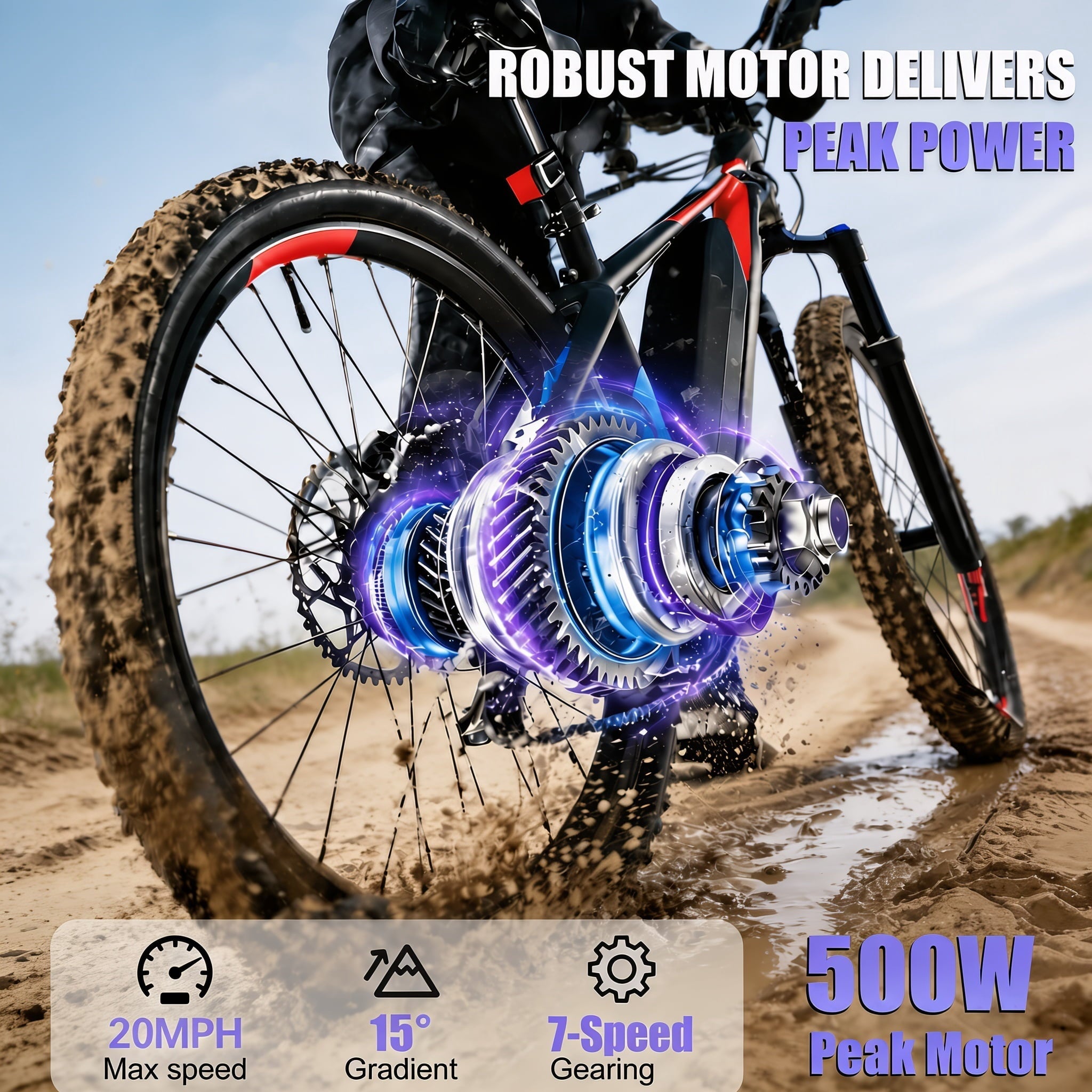 26'' Electric Mountain Bike for Adults, 500W Peak Motor, 36V 12Ah Removable Waterproof Battery, 20 MPH, 30 Miles Range, 7-Speed Suitable for Mountain, Commuting, Shopping, or Trip, UL 2849