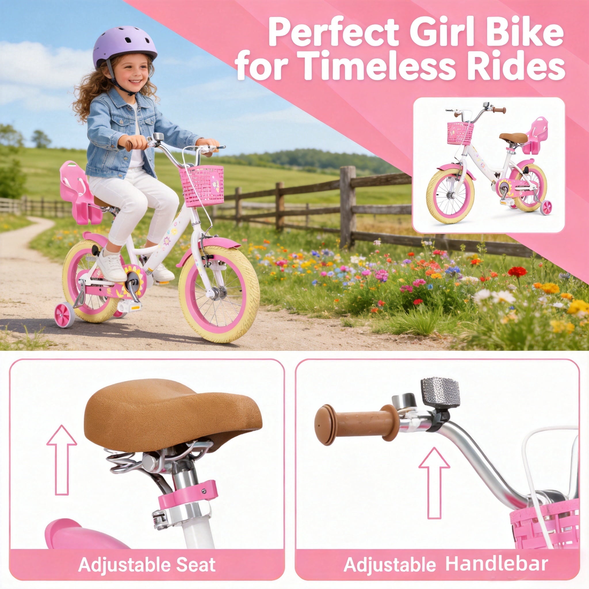 Korimefa Girls Bike for 3-9 Years Old Kids, 12 14 16 inch Kids Bike with Training Wheels, Basket and Doll Seat, Children Bicycles with Handbrake, Pink