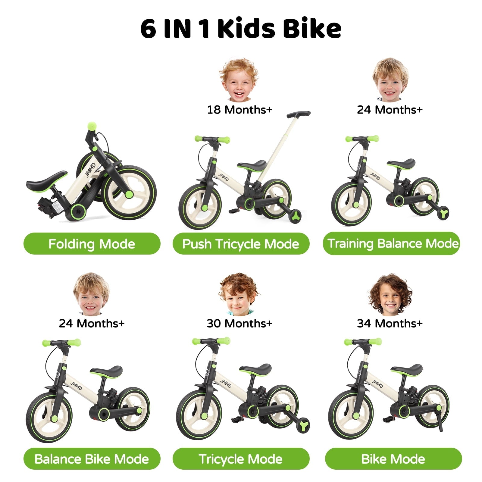JMMD Toddler Bike with Push Handle for Kid 18-60 Months, 6 in 1 Foldable Tricycle with Training Wheel, Pedals, Kid Balance Bike for Boy & Girl, Black