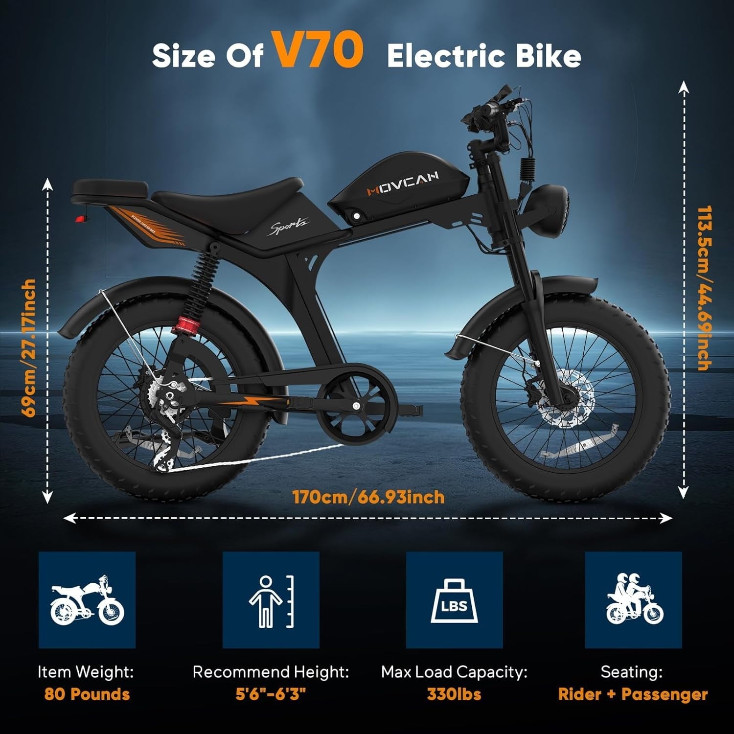 Movcan V70 Electric Bike for Adults, Peak 2500W 35mph 52V 23.4Ah E-Mountain Bike,20 Fat Tire Full Suspension UL2849