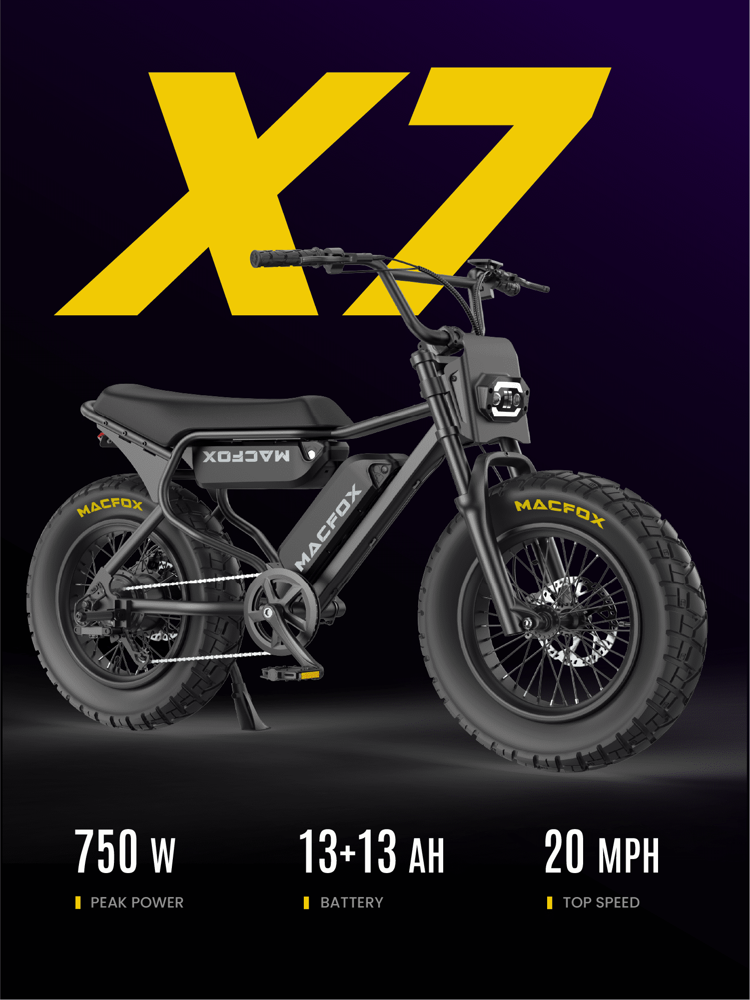MACFOX X7 Adult Electric Bike, 750W E-Bike, 20 MPH, 48V 13Ah removable battery, 35-mile range, hydraulic brakes, upgraded 20x5.0 wide rear tire.