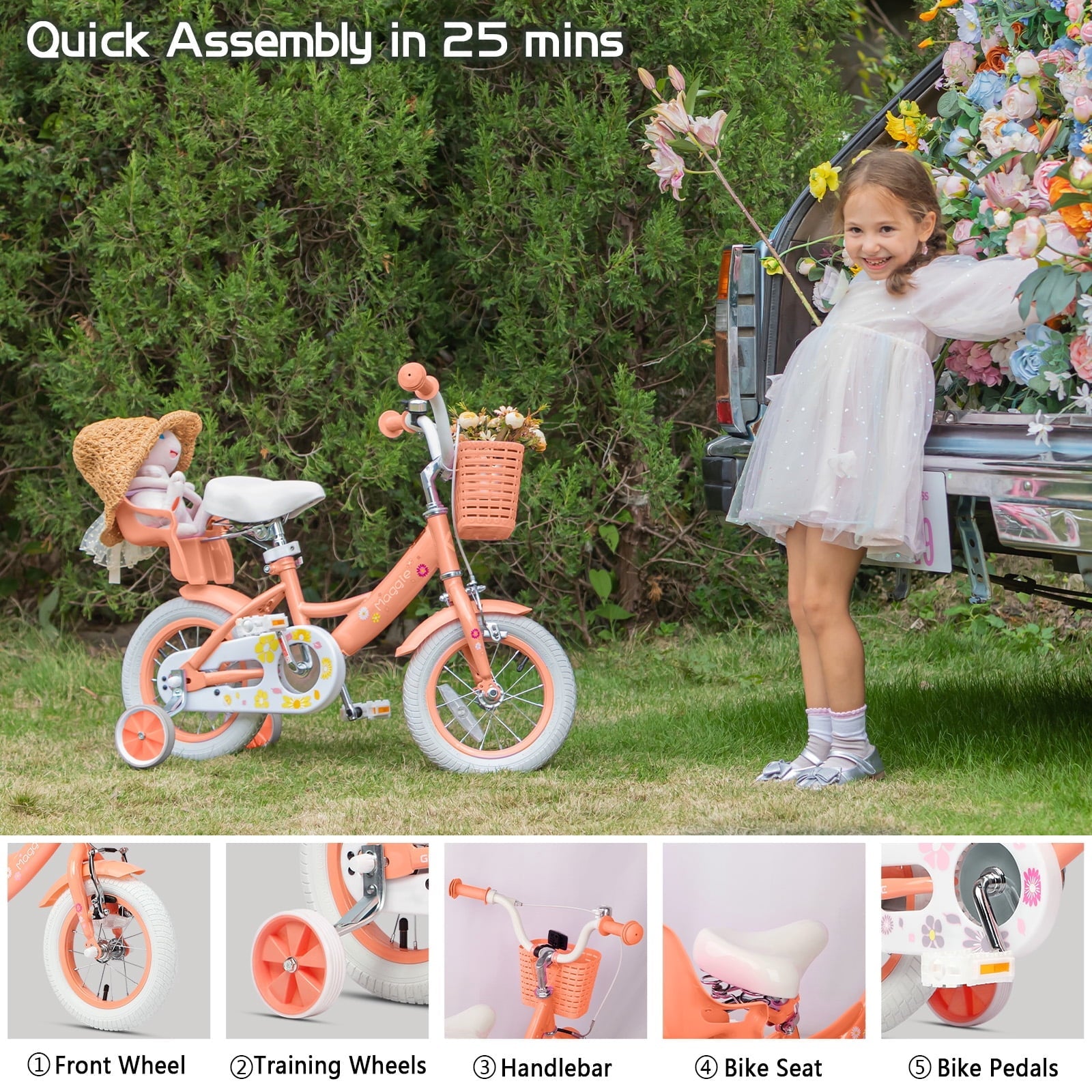 Glerc Maggie 14 inch Kids Girls Bike for Ages 3-5 Years Old Children, Princess Style Kids Bicycle with Doll-Seat & Basket & Training Wheels, Pink