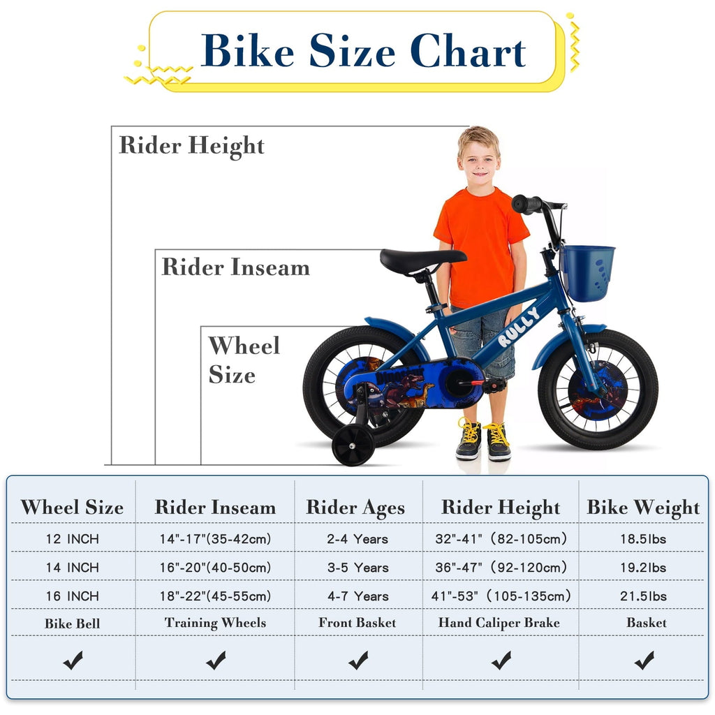RULLY 14 Inch Dinosaur Kids Bike for Boys 3-5 Years, Bicycle with Training Wheels, Basket & Coaster Brake, Blue