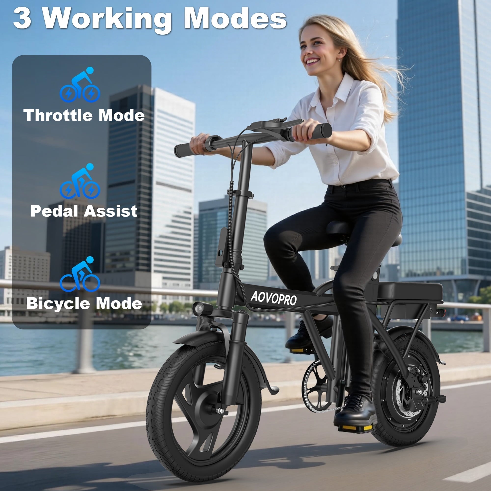 AOVOPRO AHT14 Electric Bike 500W 48V, 14' Mini Ebike for City Commuter, Electric Bicycle for Adult with Two Seats UL2849