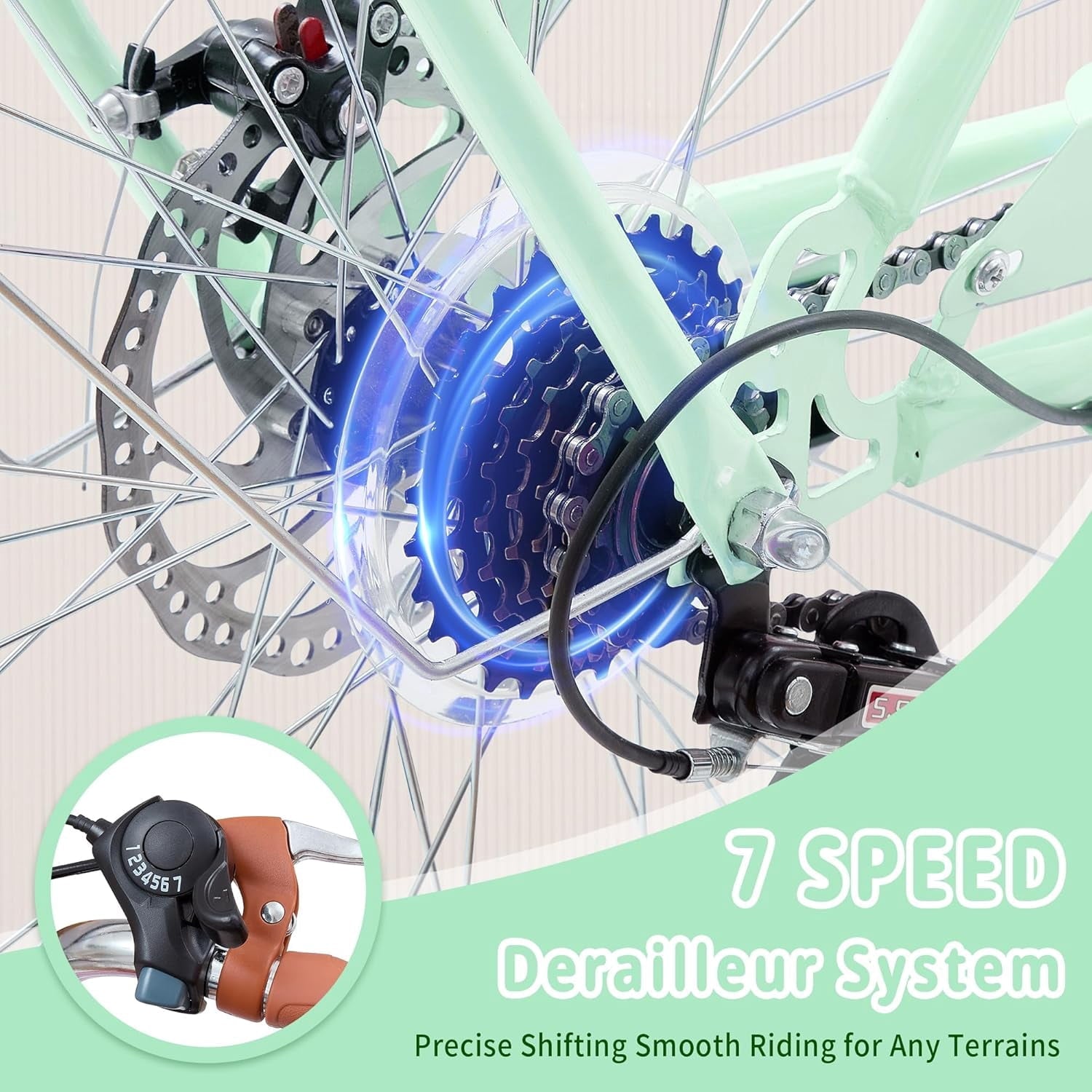 24 Beach Cruisers for Women, Pipleo Bikes for Women with Rattan Basket, 7-Speed & Step-Through Frame