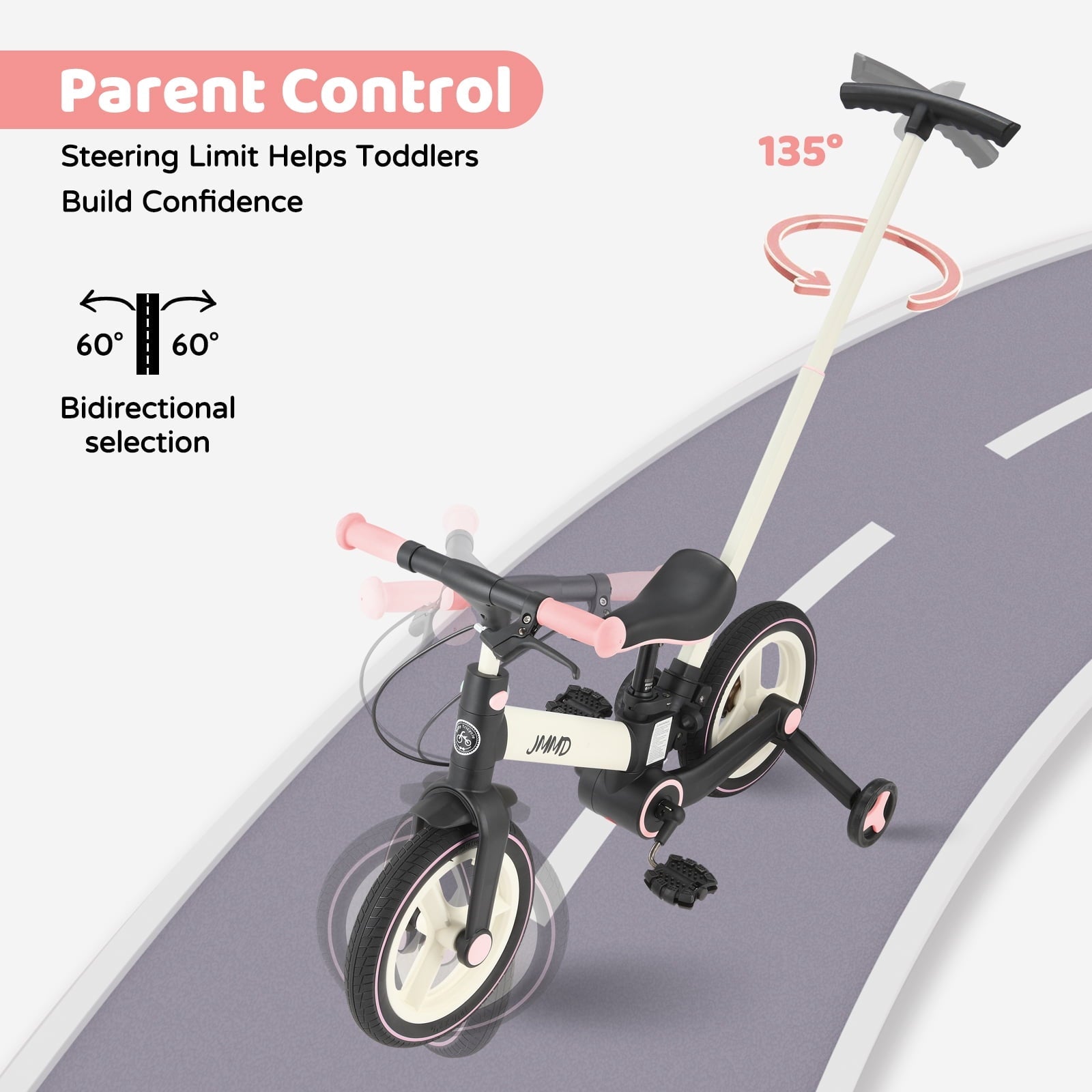 JMMD Toddler Bike with Push Handle for Kid 18-60 Months, 6 in 1 Foldable Tricycle with Training Wheel, Pedals, Kid Balance Bike for Boy & Girl, Black