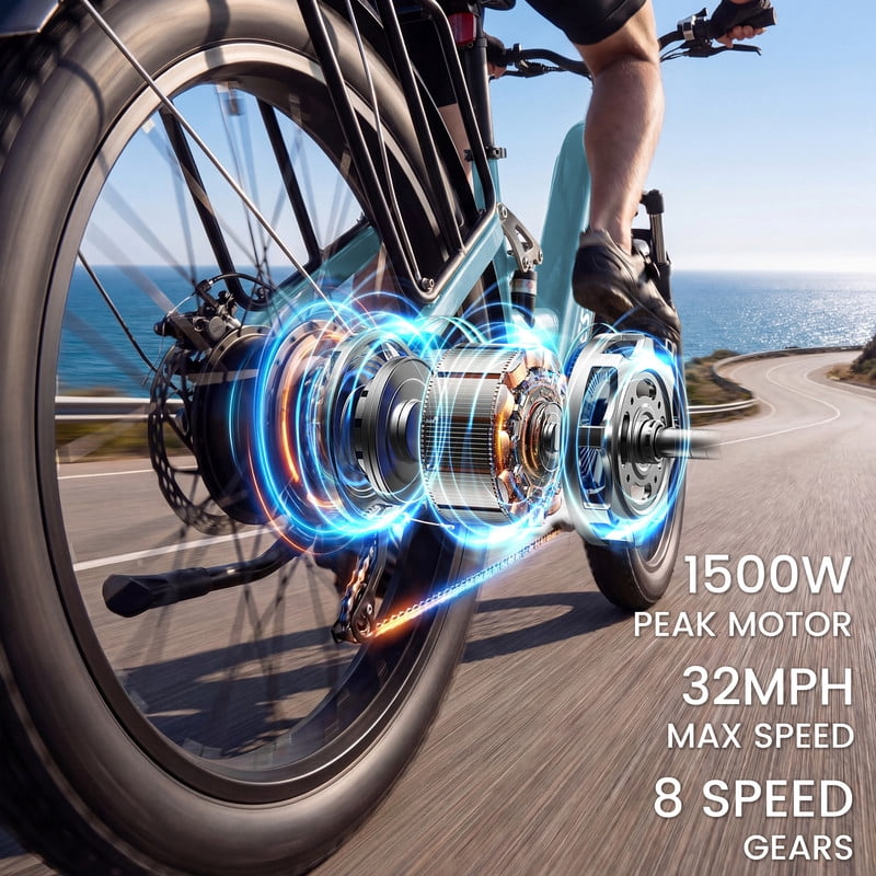 ESKUTE C300 1500W Electric Bike for Adults, 48V 20.8Ah Battery, 32MPH, 80 Miles Range, 26x4.0 Fat Tire Step-Thru Ebike, Full Suspension Electric Bicycle, 8-Speed Pink, UL2849