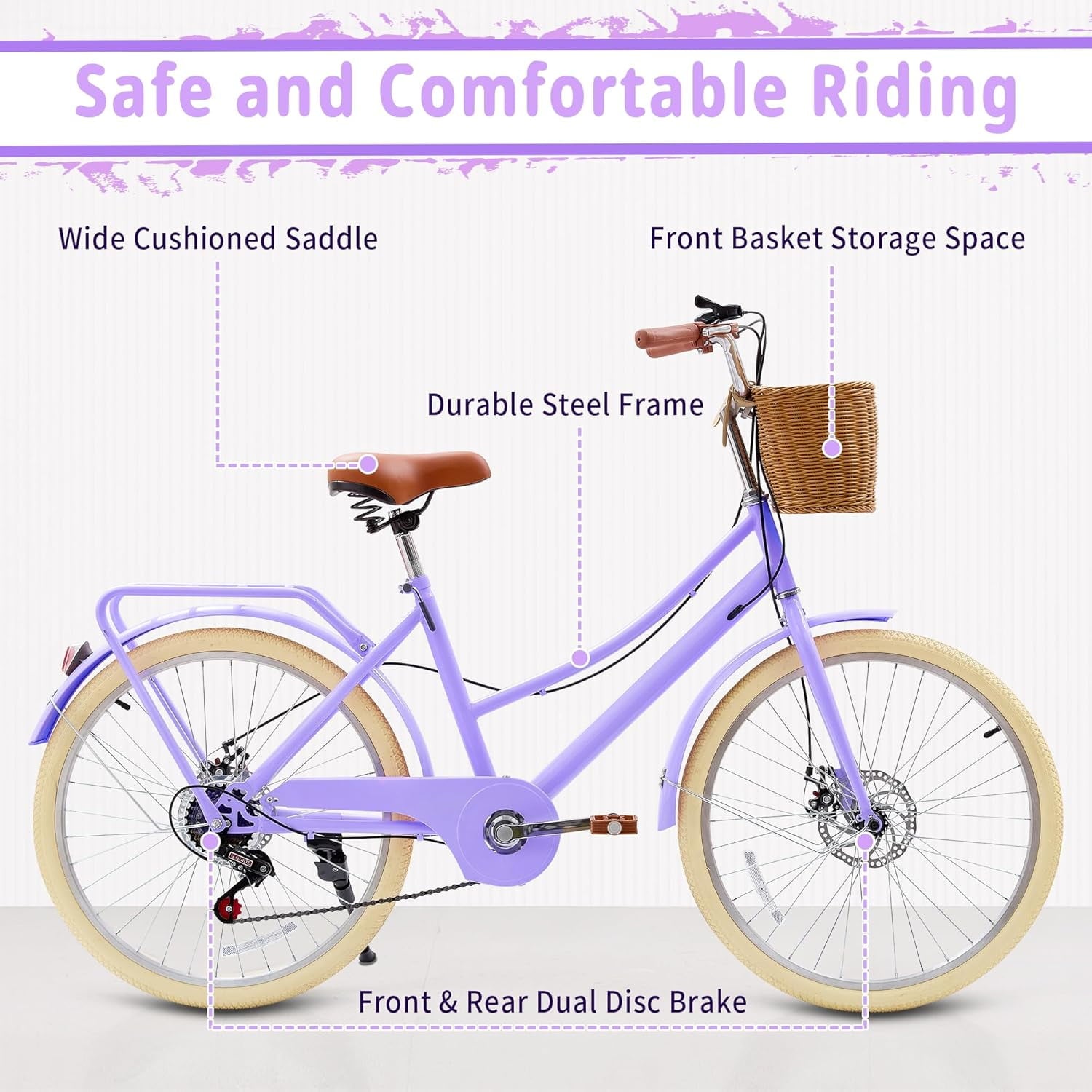 24 Beach Cruisers for Women, Pipleo Bikes for Women with Rattan Basket, 7-Speed & Step-Through Frame