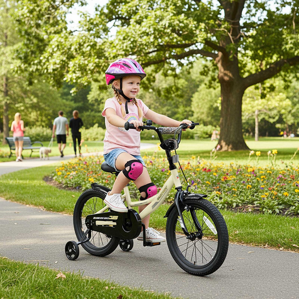 Costway 18 Inch Kids Bike with Training Wheels, Dual Brakes, Adjustable Seat & Handlebar Height Pink