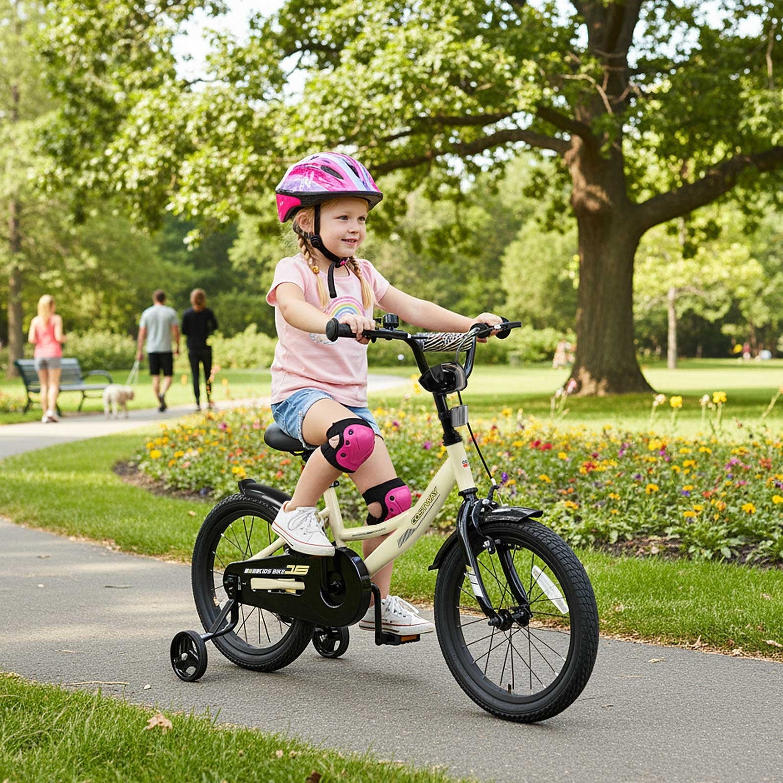 Costway 18 Inch Kids Bike with Training Wheels, Dual Brakes, Adjustable Seat & Handlebar Height Pink