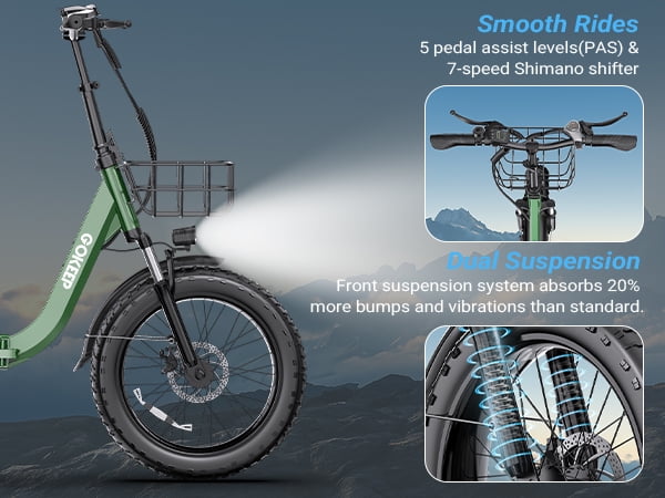 GOKEEP Folding Electric Bike for Adult, 52V 13Ah Removable Battery, 20 Fat Tire & Front Suspension Electric Bicycles, 7-Speed Commuter Ebike, UL2849, Black