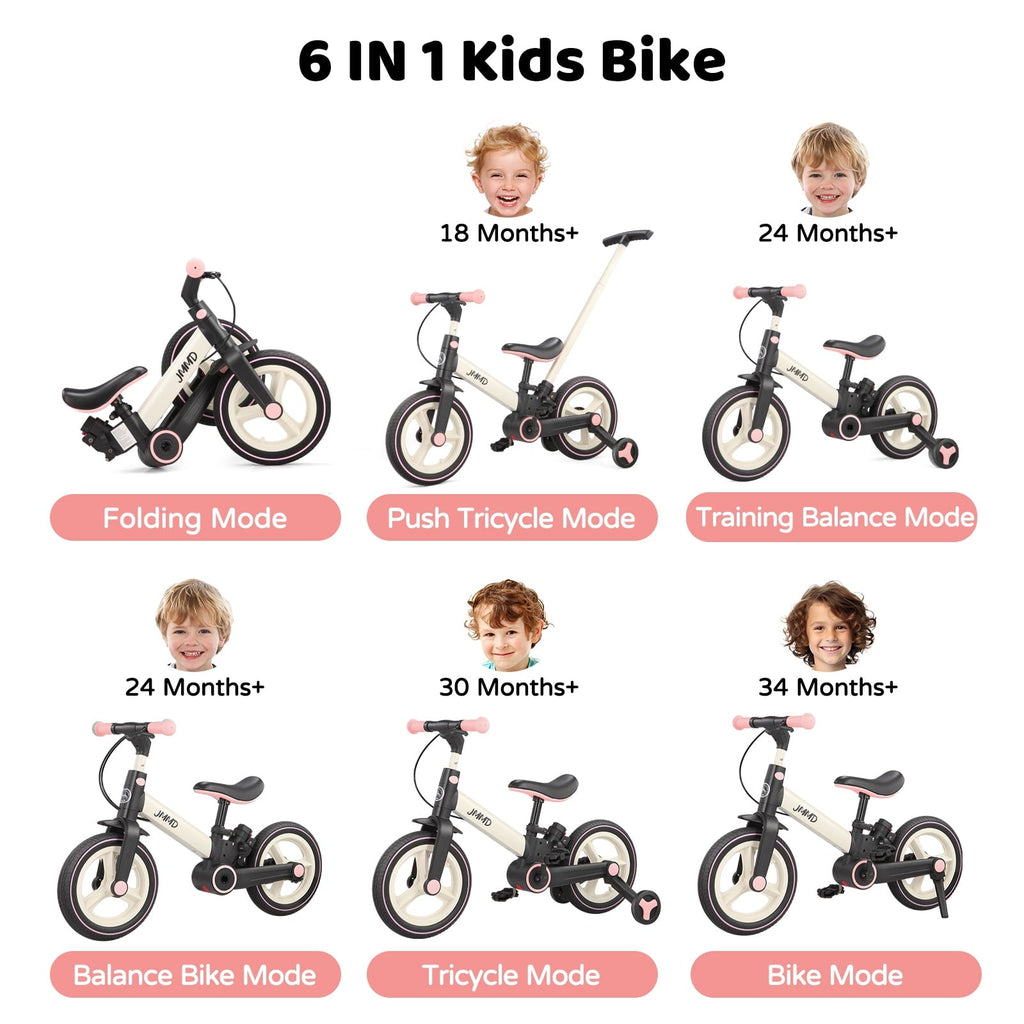 JMMD Toddler Bike with Push Handle for Kid 18-60 Months, 6 in 1 Foldable Tricycle with Training Wheel, Pedals, Kid Balance Bike for Boy & Girl, Black