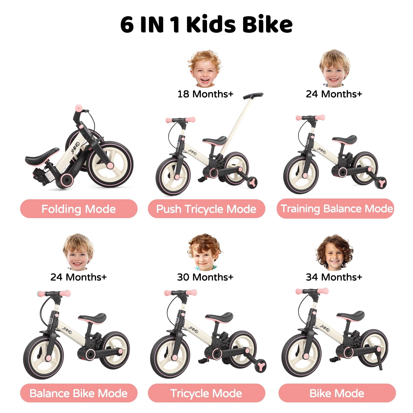JMMD Toddler Bike with Push Handle for Kid 18-60 Months, 6 in 1 Foldable Tricycle with Training Wheel, Pedals, Kid Balance Bike for Boy & Girl, Black