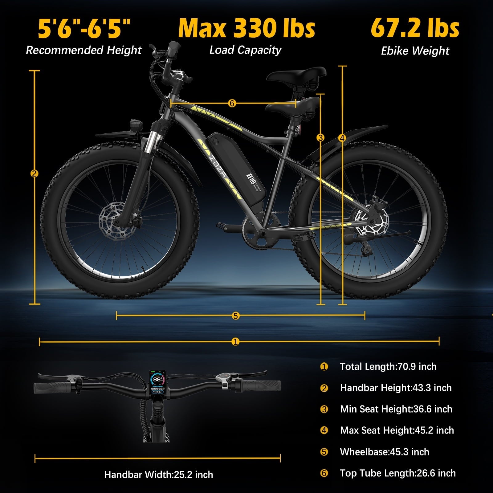 ZDZA Electric Bike for Adults, Peak 1500W Motor E-Mountain Bicycle, 26 Fat Tire 28mph Ebike, 48V 15Ah Removable, Dual Suspension with Shelf UL2849, Black
