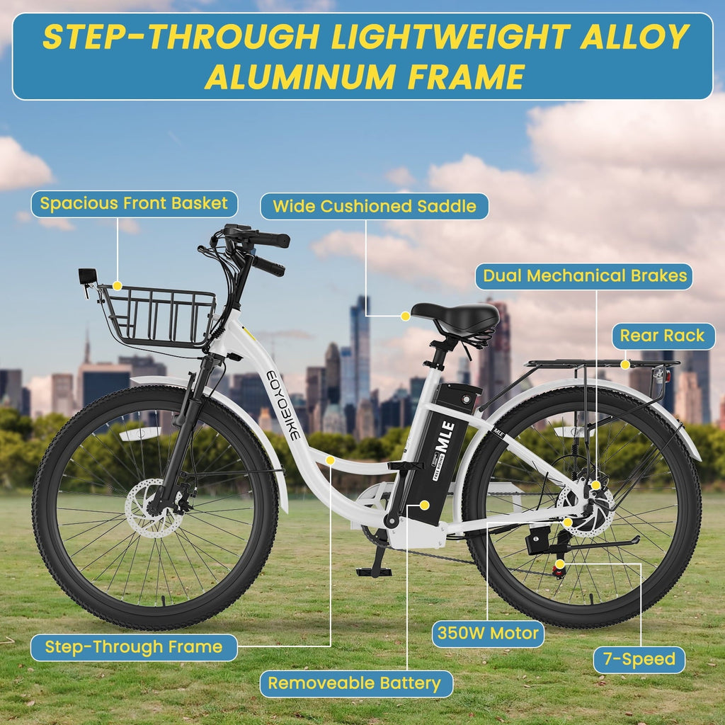 MOONCOOL Electric Bicycle for Adults 350W , 7-Speed Ebike with 36V 10.4Ah Removable Battery . 40 Miles Range , 20 mph Electric Commuter Bike for Women Men