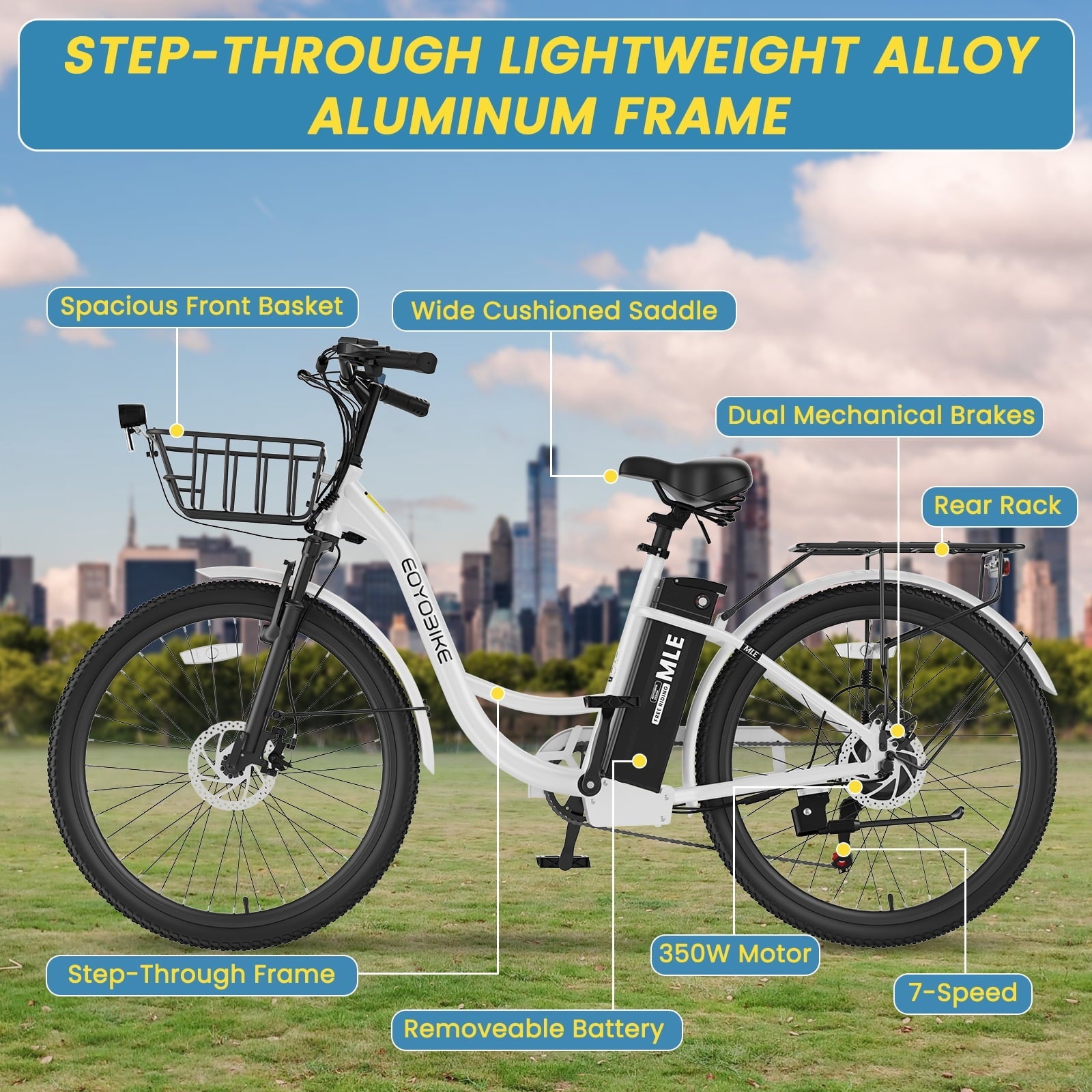 MOONCOOL Electric Bicycle for Adults 350W , 7-Speed Ebike with 36V 10.4Ah Removable Battery . 40 Miles Range , 20 mph Electric Commuter Bike for Women Men