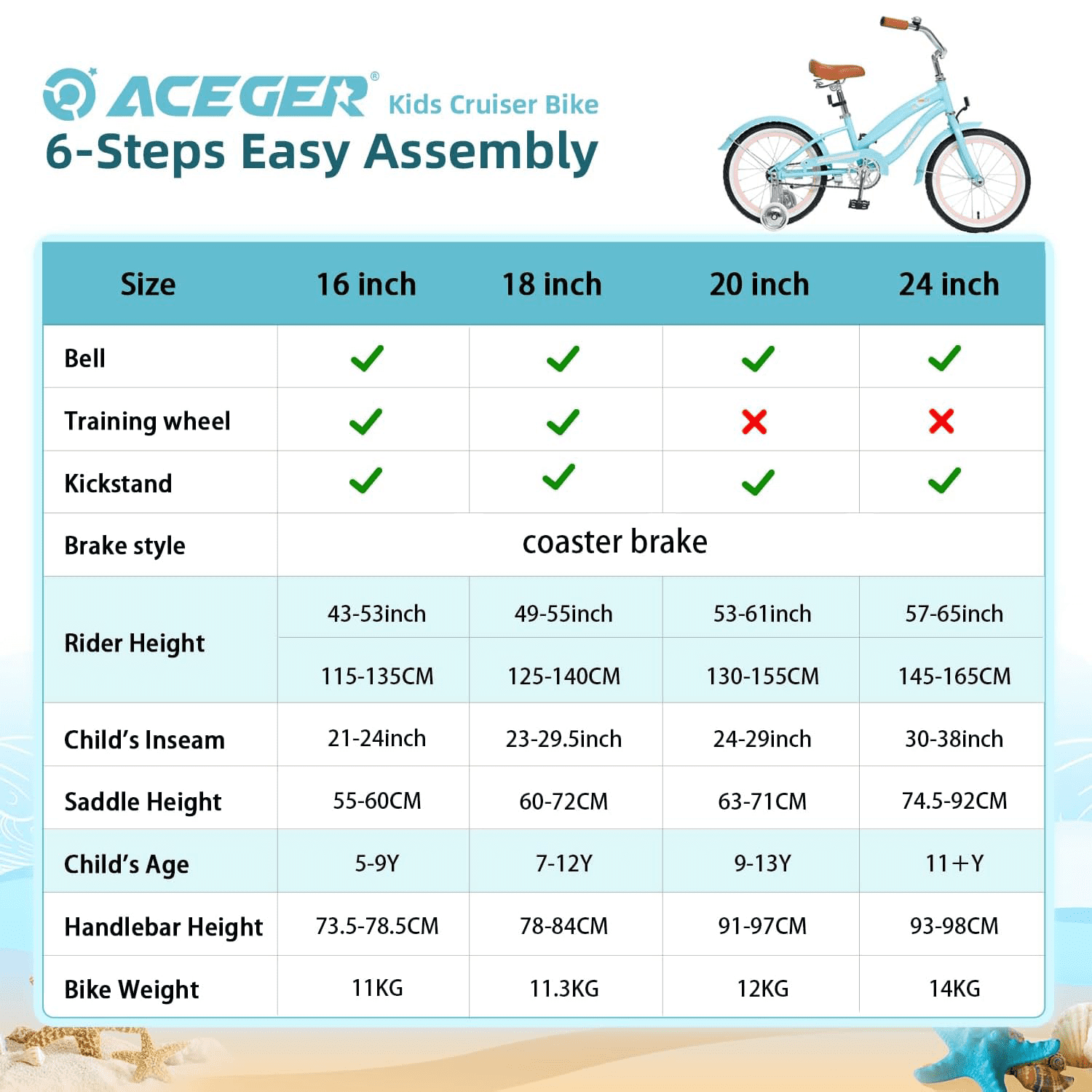 ACEGER 20 Inch Beach Cruiser Bike for Girls Ages 9-13, Pink