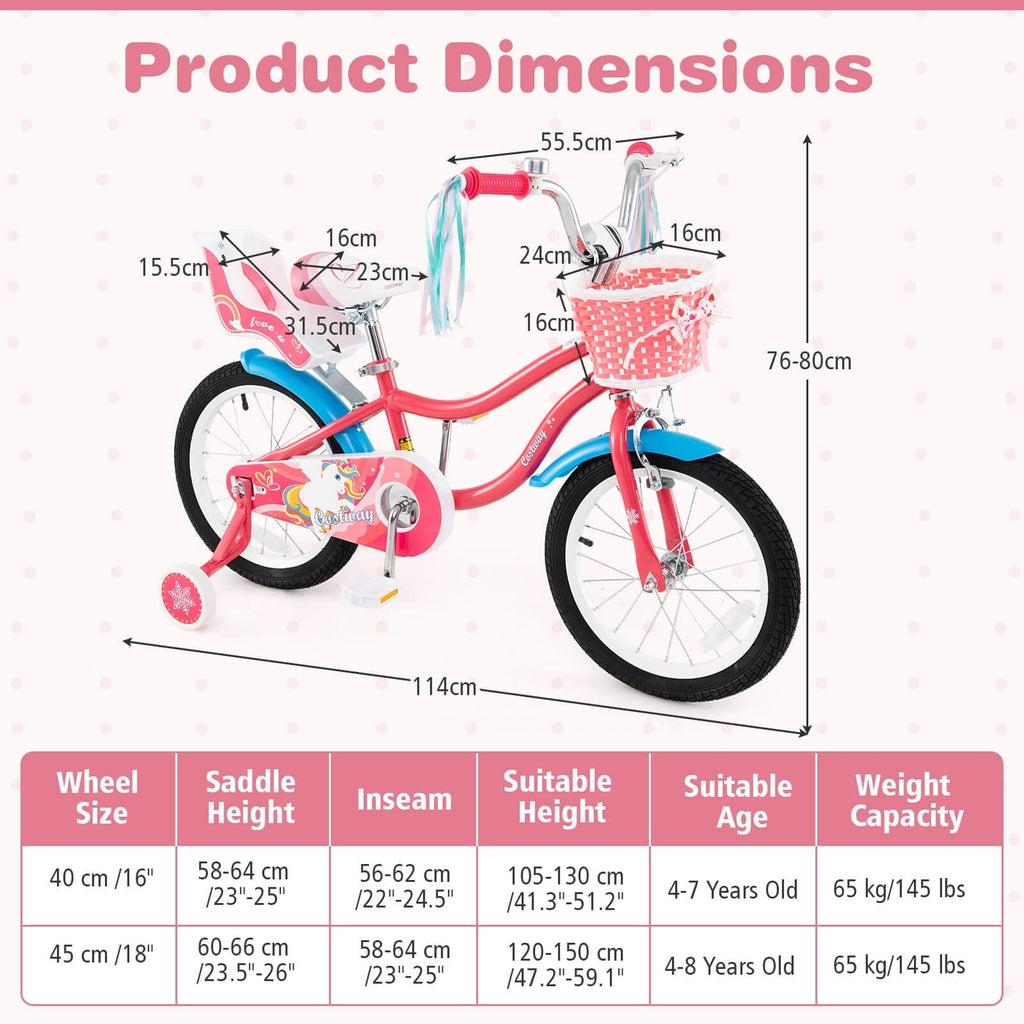 Costway 18 Inches Kids Bicycle with Training Wheels & Basket for Girls Age 4-8 Years Pink