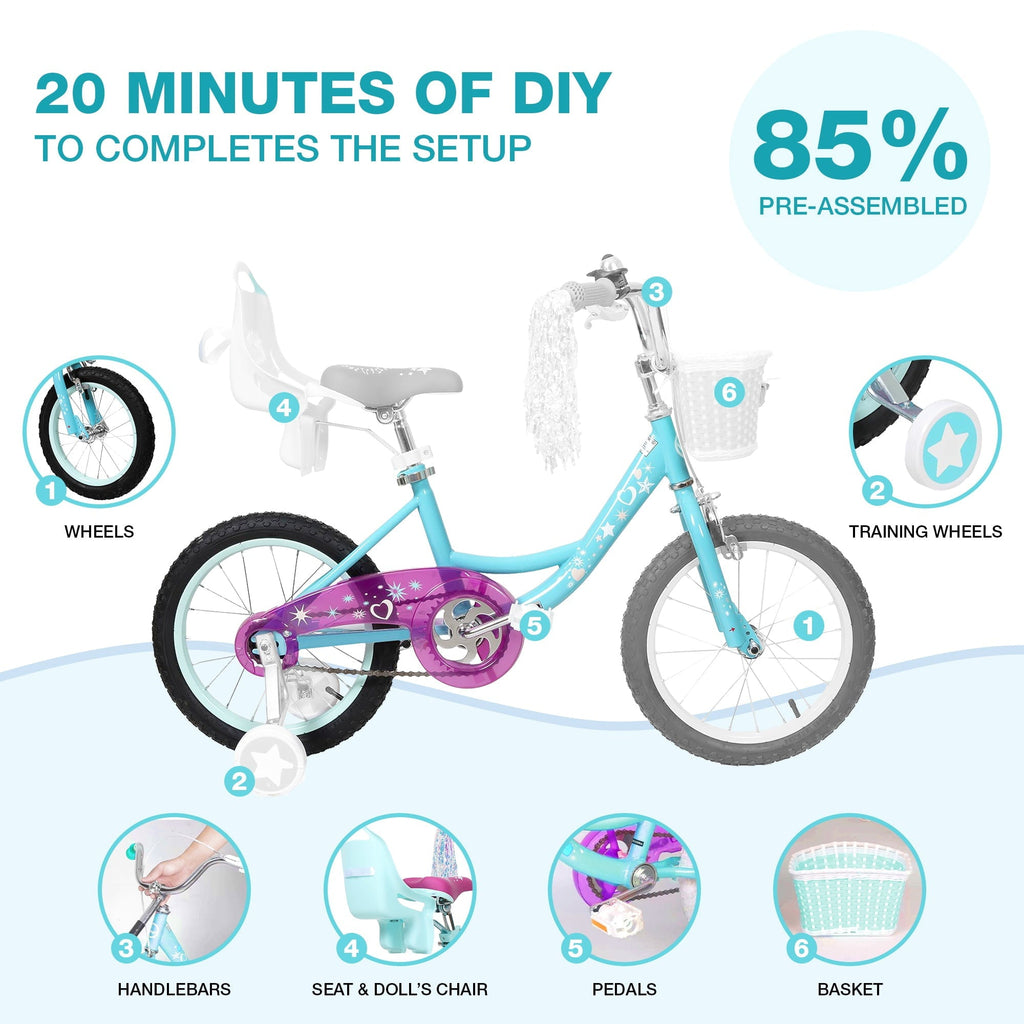 Hykolity 14 inch Girls Bike Princess Bicycle for Age 3-5 Years Old Rider Height 35-47 inch includes Training Wheel Basket Doll Seat Aqua Blue