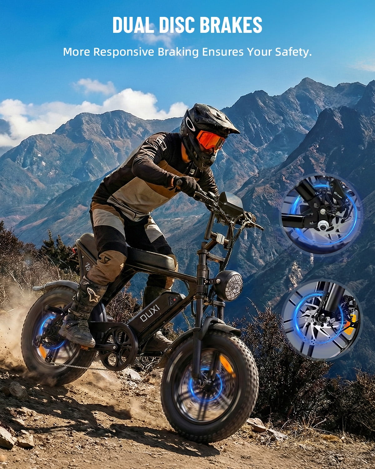 OUXI V8 Electric Bike for Adults, 20 Fat Tire Electric Mountain Bike Peak 750W, 48V 15Ah Battery, UL2849