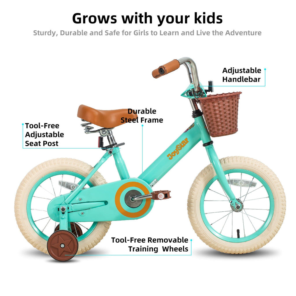 JOYSTAR Vintage Kids Bike with Basket & Training Wheels,12 14 16 20 24 Inch Kids Bike for 2-14 Years Old Girls & Boys, Green