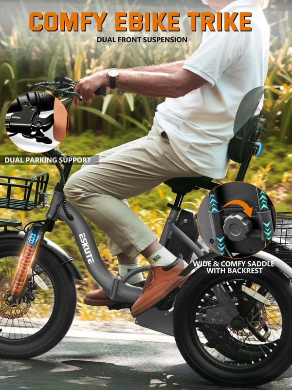 ESKUTE Electric Tricycle for Adults, 1200W Peak Motor, Up to 55 Miles Range, 624Wh Removable Battery, Folding 3-Wheel Ebike with 18x3.0 Fat Tires, Step-Through Red, UL2849