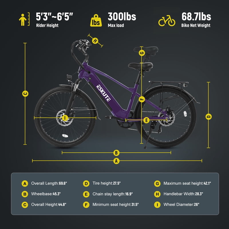 ESKUTE C200 70-Mile Electric Bike for Adults with 840Wh Removable Battery, 1300W Peak Power Ebike, Up to 28MPH Speed, 26 Tires, 7-Speed Adjustable Stem Step-Over E-Bicycle,Orange, UL2849