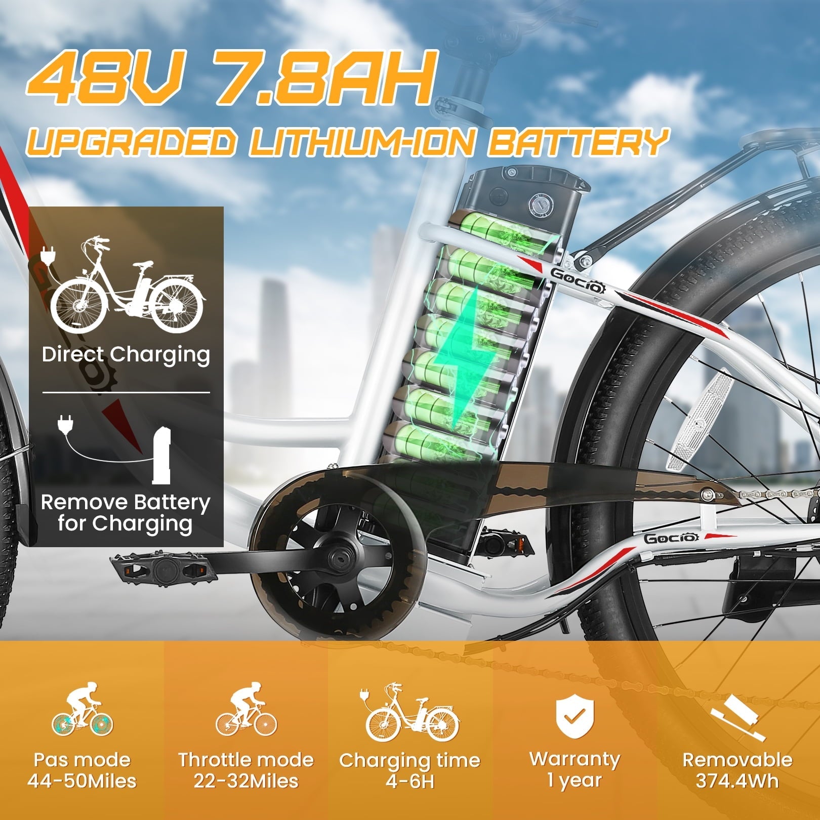Gocio 26 Electric Bike for Adults, 500W Motor, City Commuter E-Bike, 48V 7.8Ah Removable Battery, Max 19.8Mph, 7 Speed, UL2849