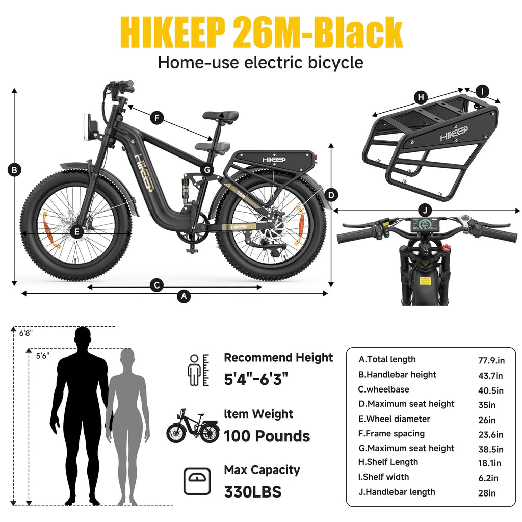 HiKeep Electric Bike for Adults, 2000W 4000W Peak Motor, 48V 25Ah Removable Lithium Battery, 26x4 Fat Tire E-Bike, 7-Speed Shimano, Full Suspension, Rear Rack, UL 2849, Black