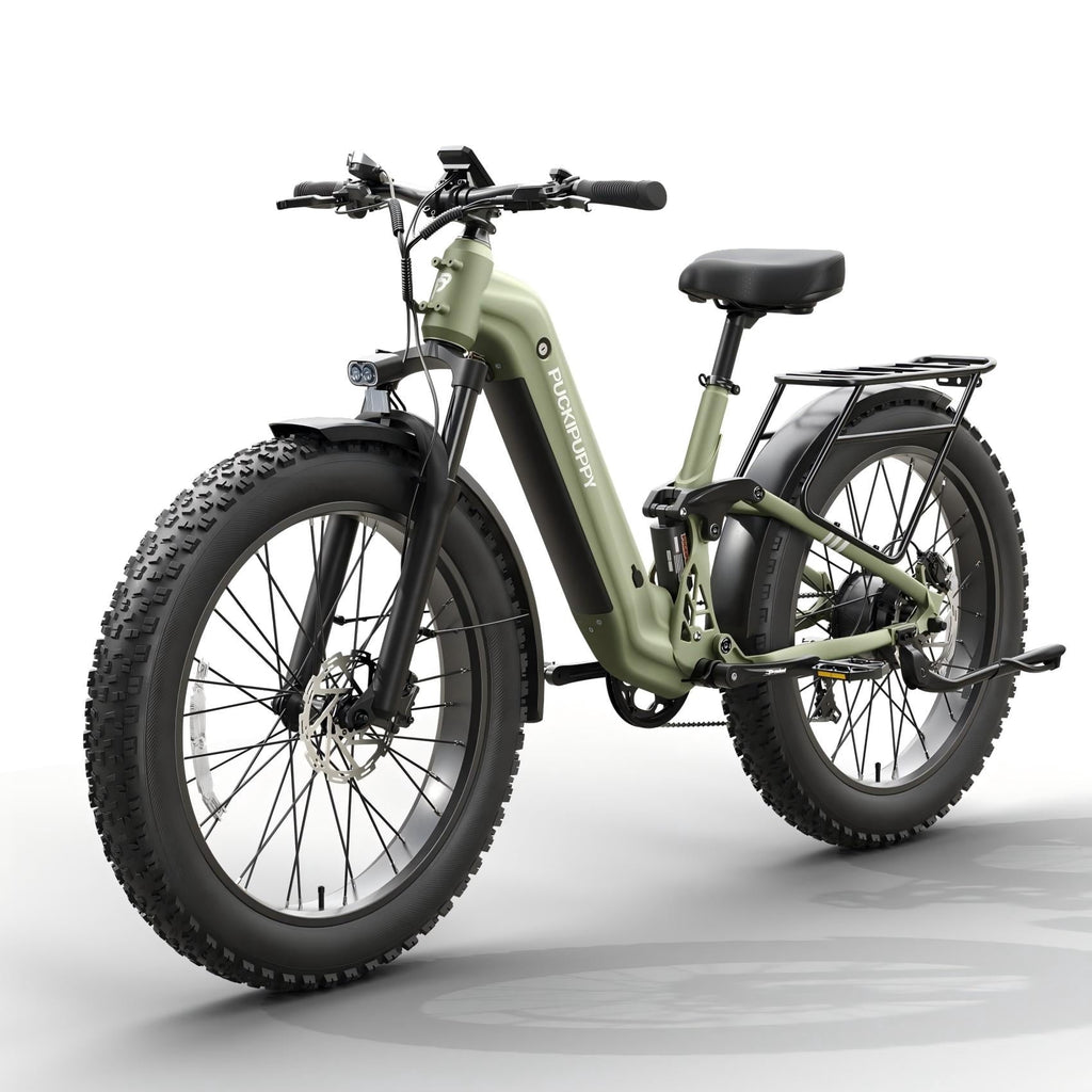 PUCKIPUPPY 26 Electric Bikes for Adults 960W Peak Step Through E-Bikes up to 80Miles Range 48V 20AH Battery Full Suspension Ebike 28 mph Max Speed Fat Tire E-Mountain Bike 7 Speed, UL2849 by SGS