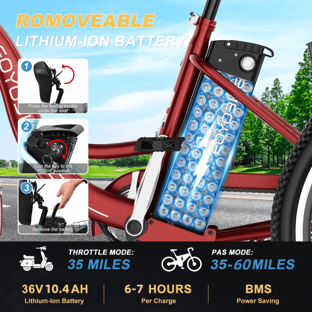 MOONCOOL Electric Trike for Adults w/ Rearview Mirror kit, 700W Peak Motor 10.4Ah battery .24/26 7 Speeds 3 Wheels Low Step Through Unisex Electric Trikes .35-60Miles