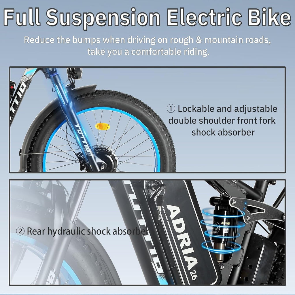 TUTTIO 5000W Dual Motor Electric Bike for Adults Max 46mph, 26x4in Fat Tire All Terrain E-Mountain Bike, 52V 25Ah Full Suspension E Bike, 7-Speed Gear Electric Bicycle UL2849