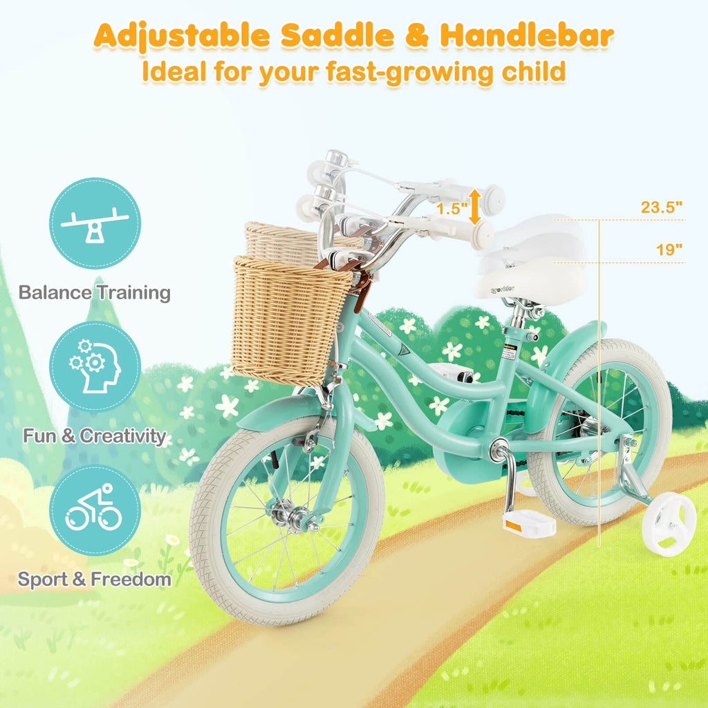 Costway 14 Kid's Bike with Training Wheels Adjustable Handlebar Seat Handbrake Pink
