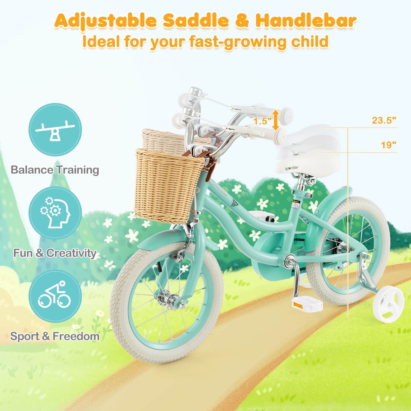 Costway 14 Kid's Bike with Training Wheels Adjustable Handlebar Seat Handbrake Pink