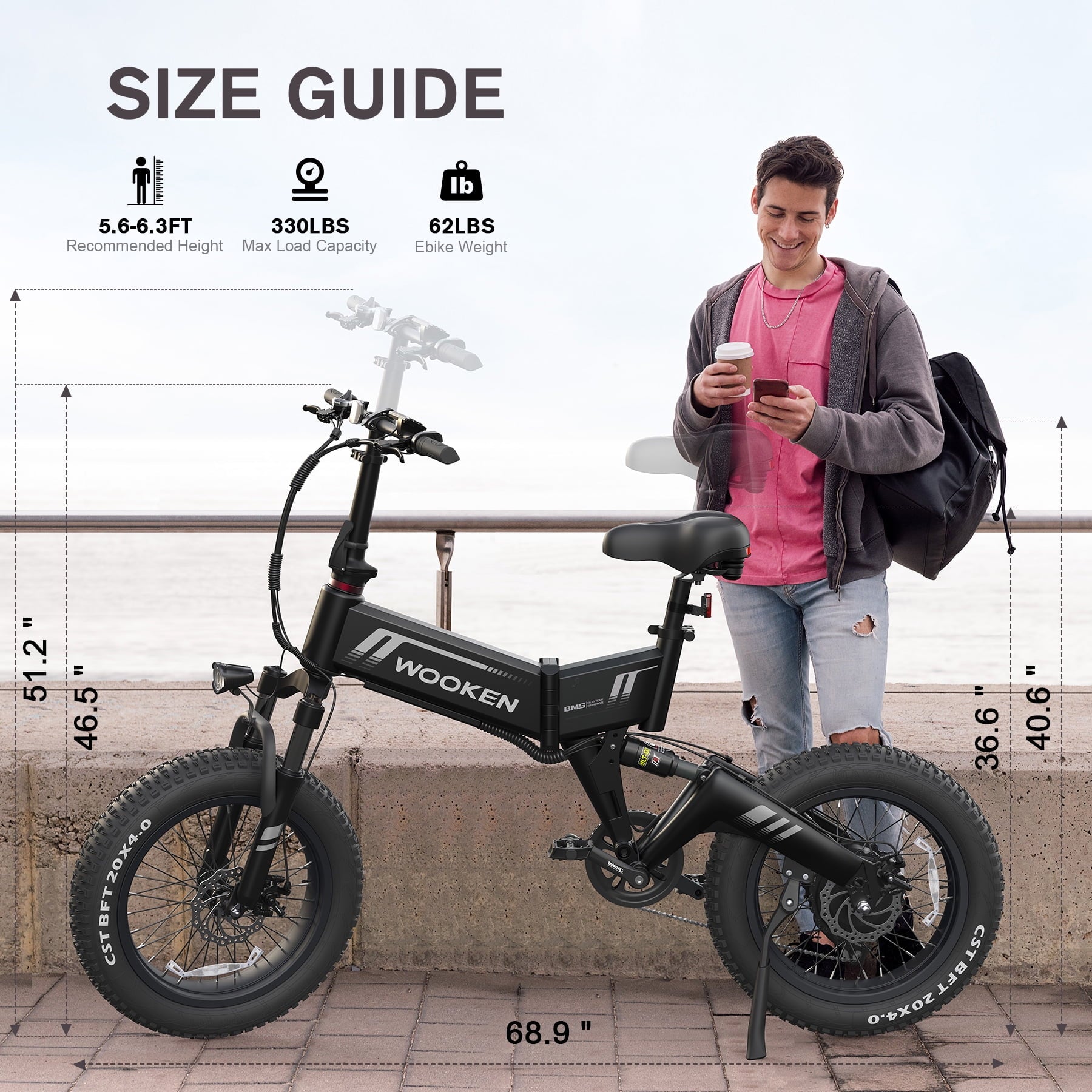 Wooken 20X4.0 Fat Tire Electric Bike for Adults, 500W Foldable Electric Bicycle with 48V 10Ah Built-in Battery, Shimano 7 Speed, Dual Shock Absorber