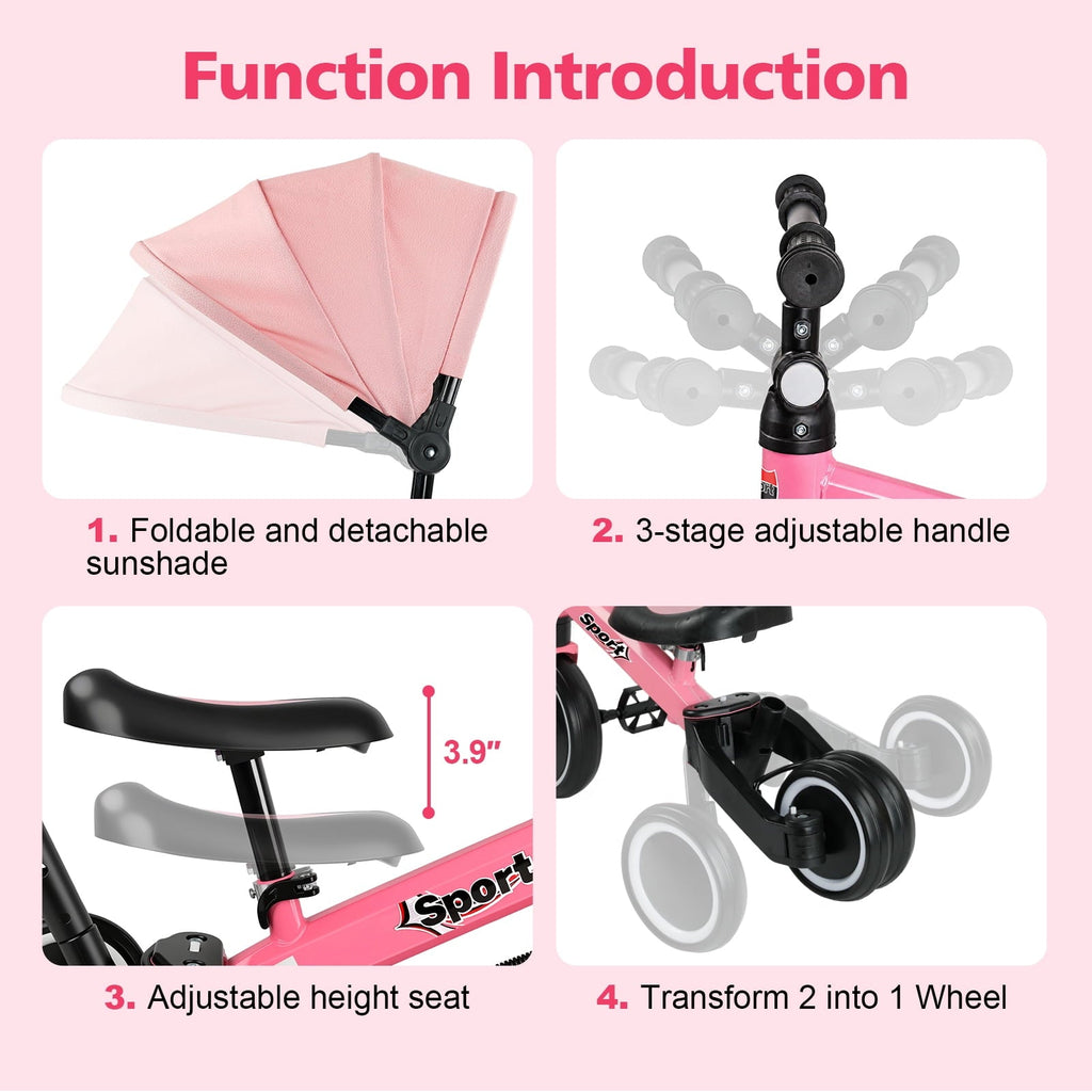 WLRETMCI 7 in 1 Toddler Bike, Tricycle for Toddlers 1-5 Year Old with UV Canopy, Balance Bike with Parental Control Handle, Adjustable Seat Height, Removable Pedal, Backrest (Pink)