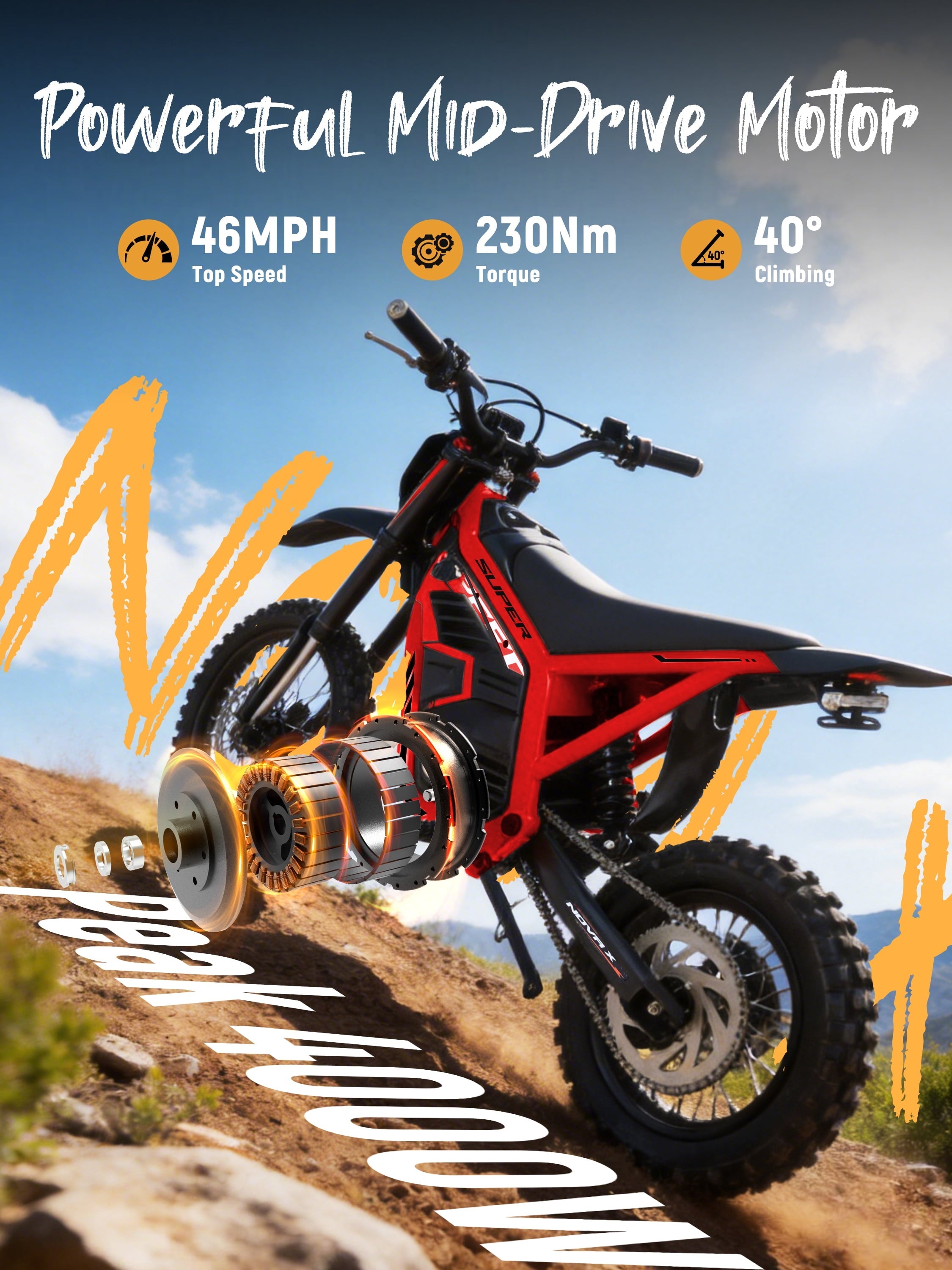 ESKUTE NovaX Electric Dirt Bike for Teens & Adults, 4000W Peak Mid-Drive Motor, 35-46 MPH Off-Road E-Bike, 48V 22.8Ah Battery, 14/12 Wheels, Hydraulic Dual Shock Suspension Orange