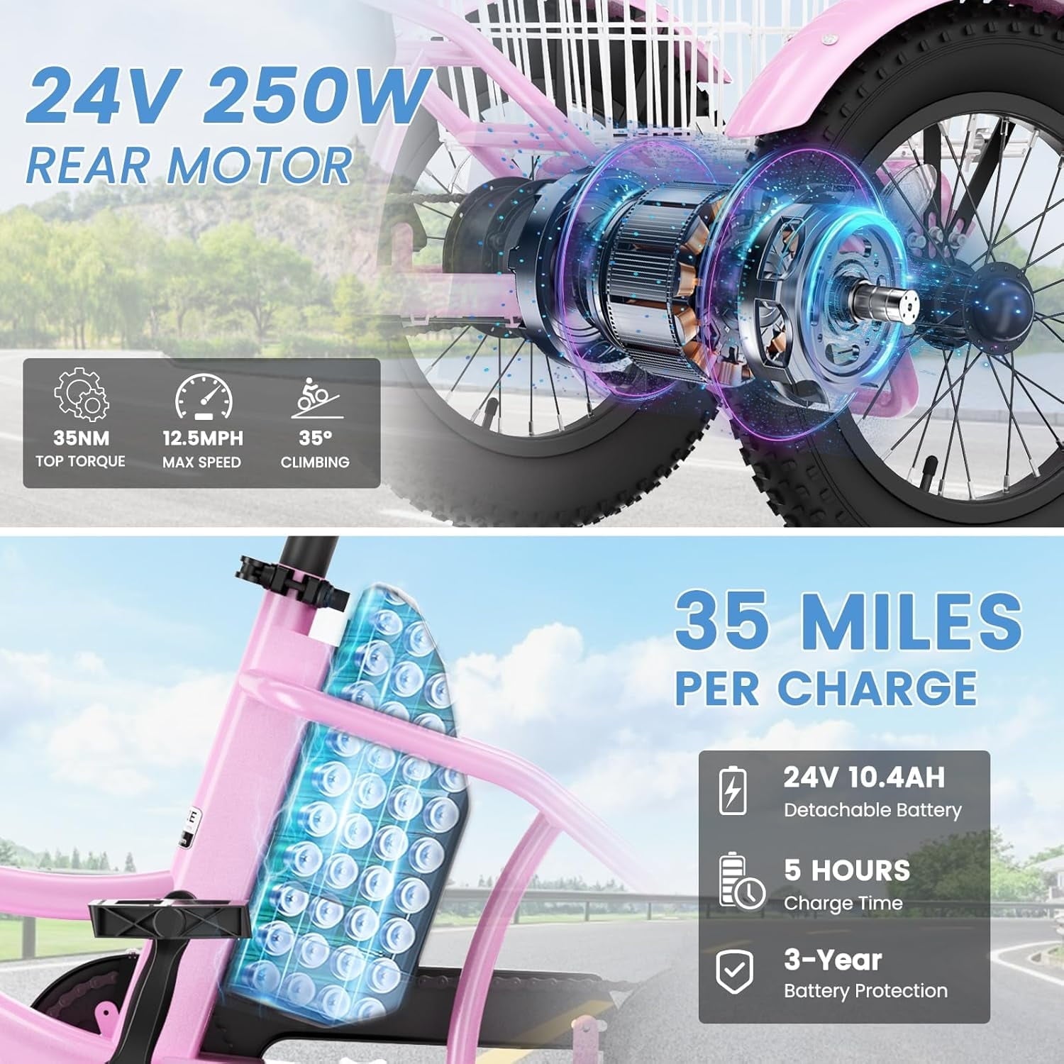 MOONCOOL Electric Tricycle for Kids ,16x3 3 Wheel 250W 10.4Ah Etrike W/ LED headlight & Rear Basket & horn bell & DIY stickers .6/9/12.5 MPH
