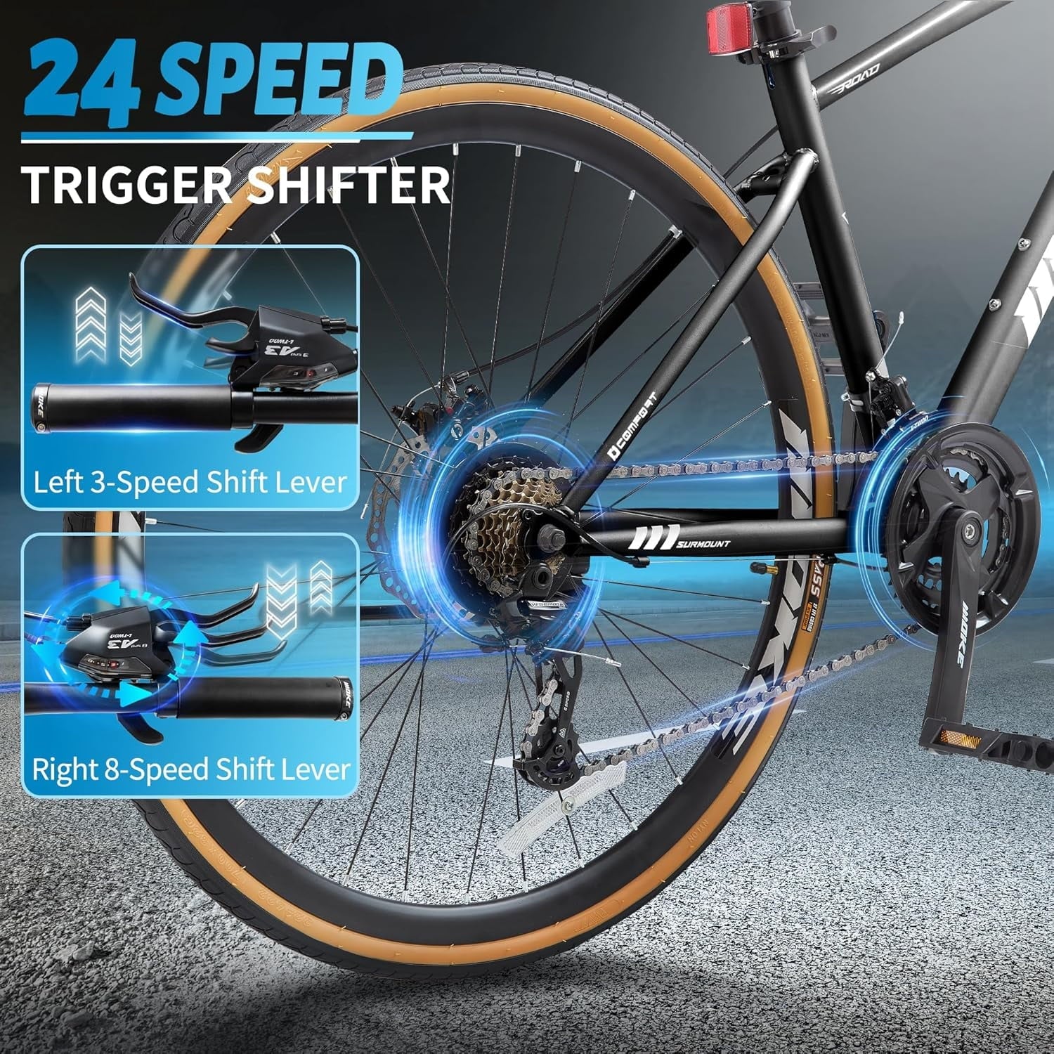 Mens Road Bike, NEORIVER 700C 24-Speed Hybrid Bike for Adults, Features Dual Disc Brakes, Trigger Shifting, Internal Wiring & Lightweight Frame for City Commuting
