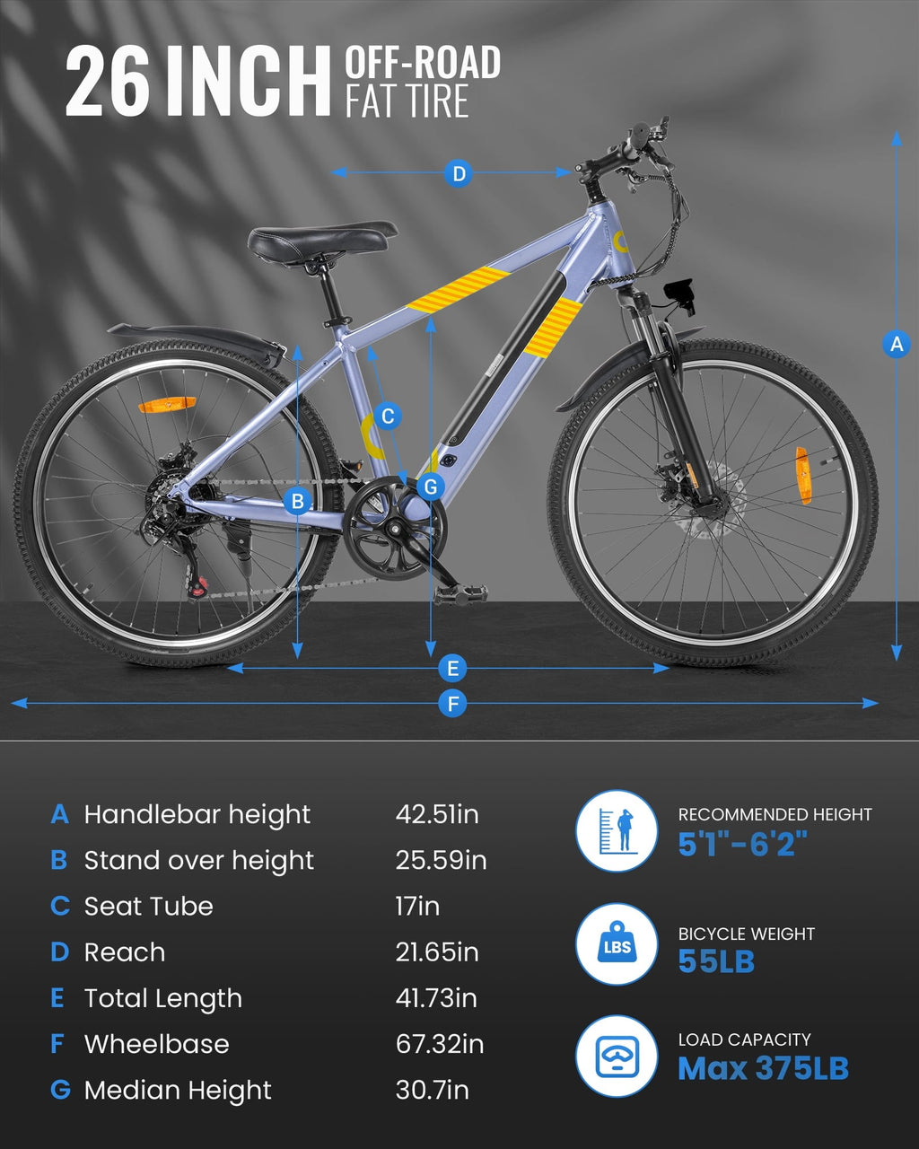 MIHOVER 26Electric Bike for Adults 350W 20MPH, 36V Removable Battery 7-Speed, UL2849 Certified City & Light Off-Road E-Bike with Lock -Black