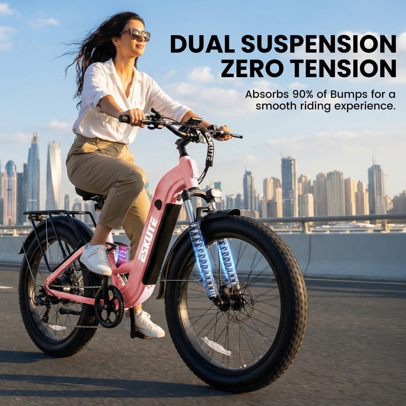 ESKUTE C300 1500W Electric Bike for Adults, 48V 20.8Ah Battery, 32MPH, 80 Miles Range, 26x4.0 Fat Tire Step-Thru Ebike, Full Suspension Electric Bicycle, 8-Speed Pink, UL2849